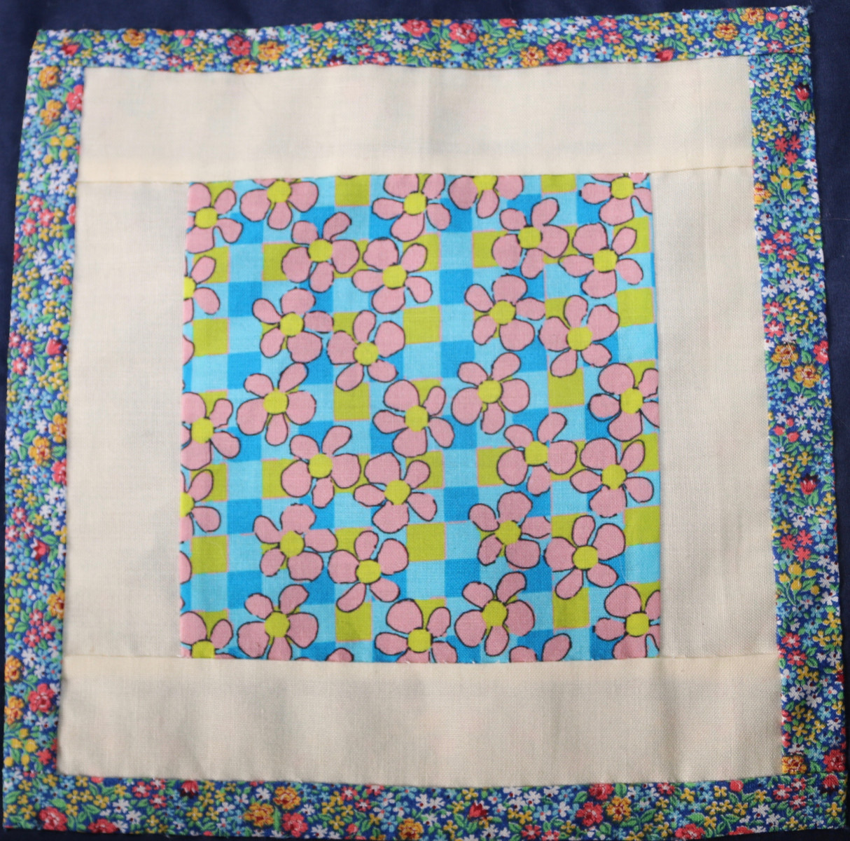 Image of 3 concentric patchwork squares - large floral print in middle, plain cream, then small floral print