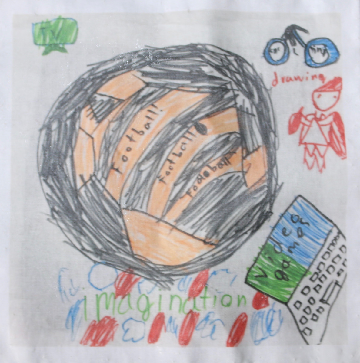 Child's drawing of football, bicycle, computer, TV