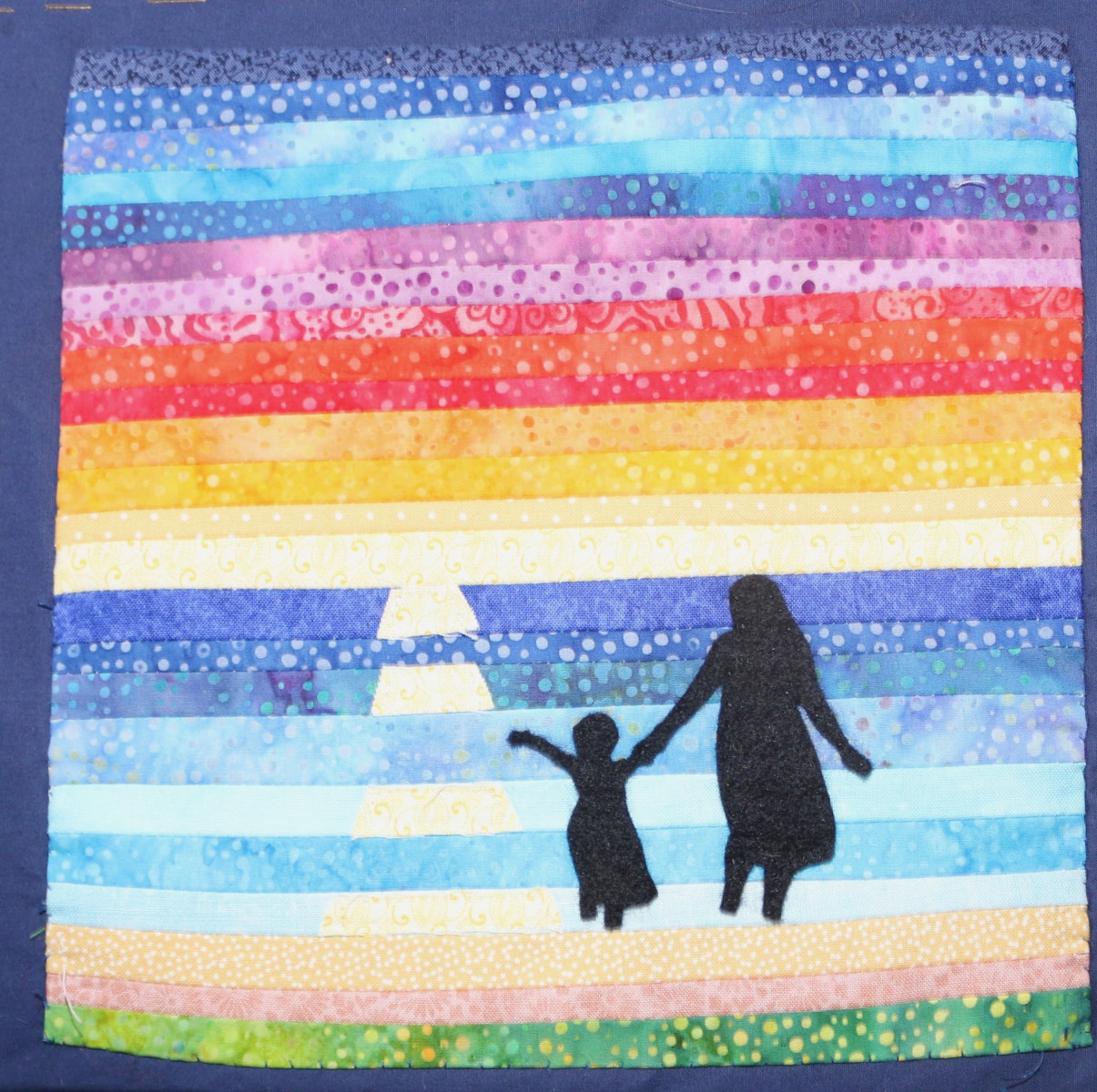 Two figures crossing a rainbow highway, hand-in-hand