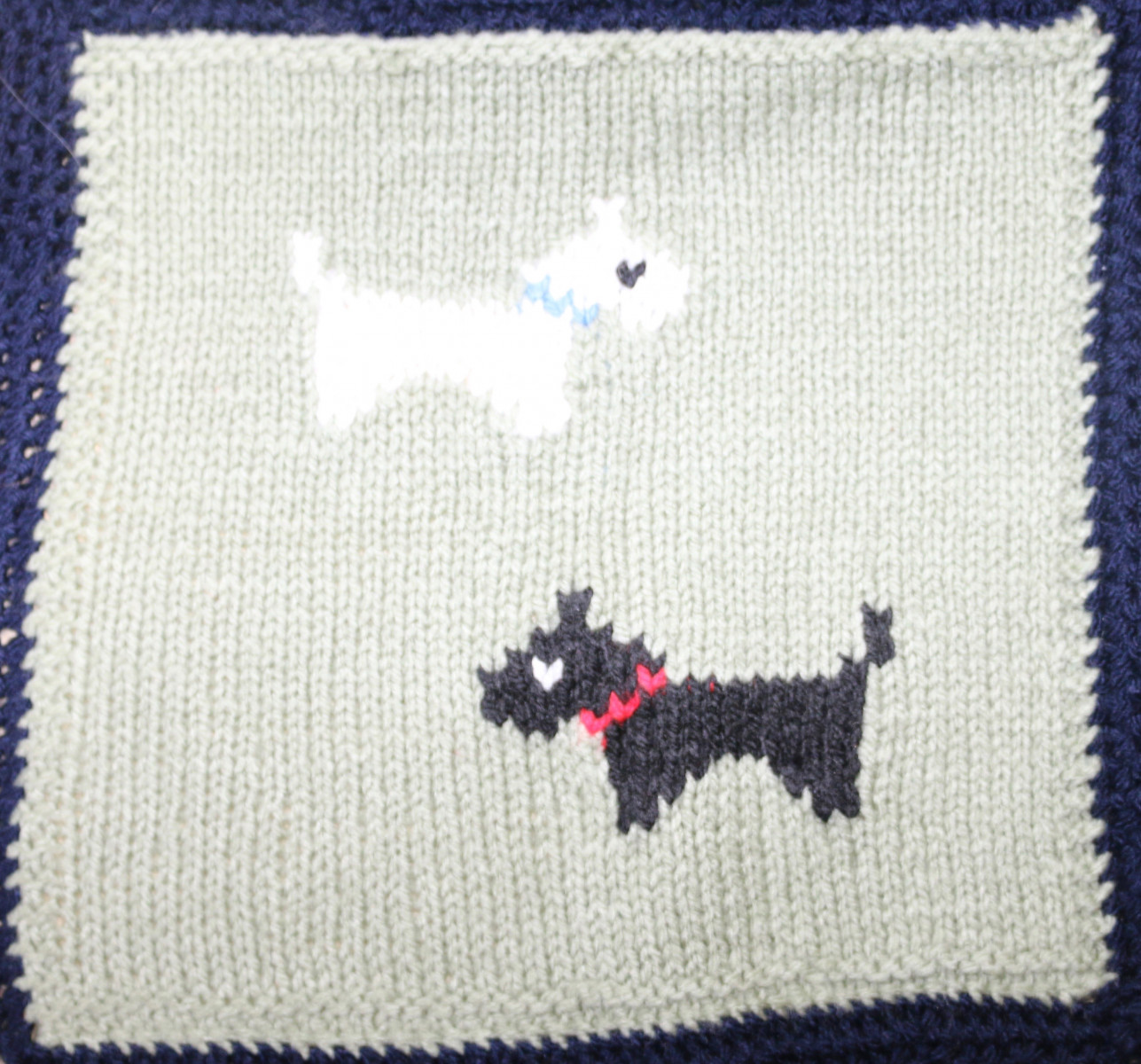 Knitted square with a white and a black Scottie dog
